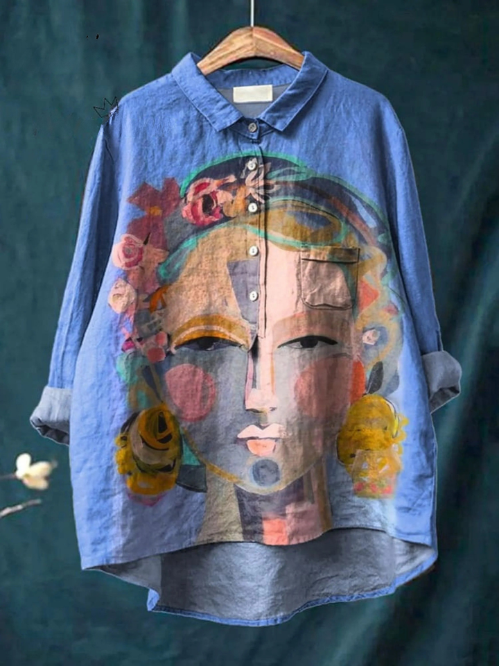 Amber | Oil painting freda portrait art met print dames casual shirt