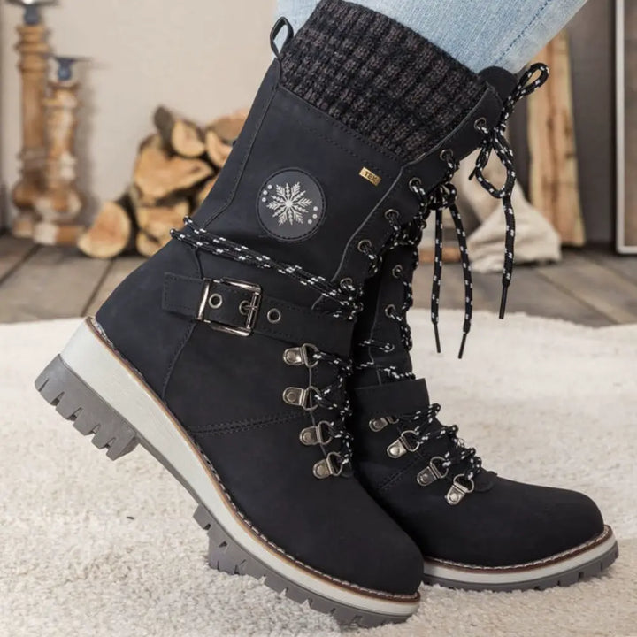 Dames winter lace-up snow laarzen – Knit Cuff & Buckle – Anti-Slip Sole