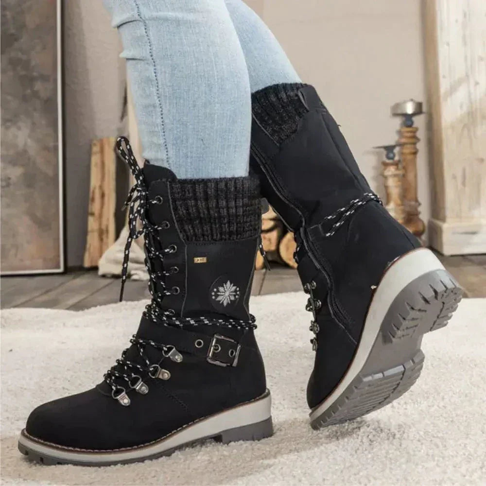 Dames winter lace-up snow laarzen – Knit Cuff & Buckle – Anti-Slip Sole