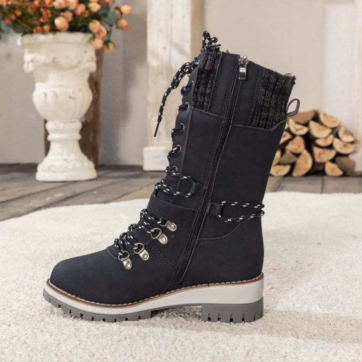 Dames winter lace-up snow laarzen – Knit Cuff & Buckle – Anti-Slip Sole