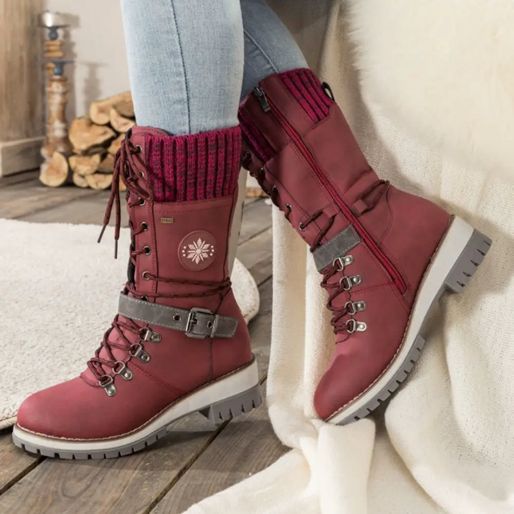 Dames winter lace-up snow laarzen – Knit Cuff & Buckle – Anti-Slip Sole