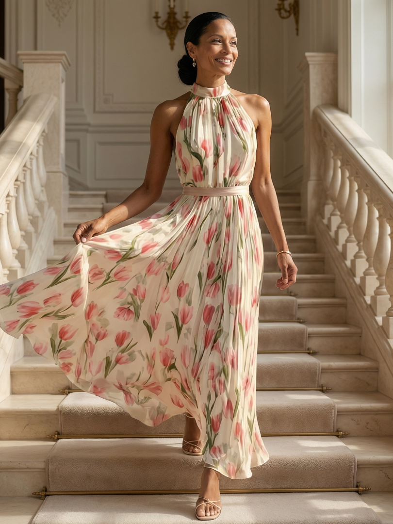 Aurelle | Halter neck bloemen midi jurk