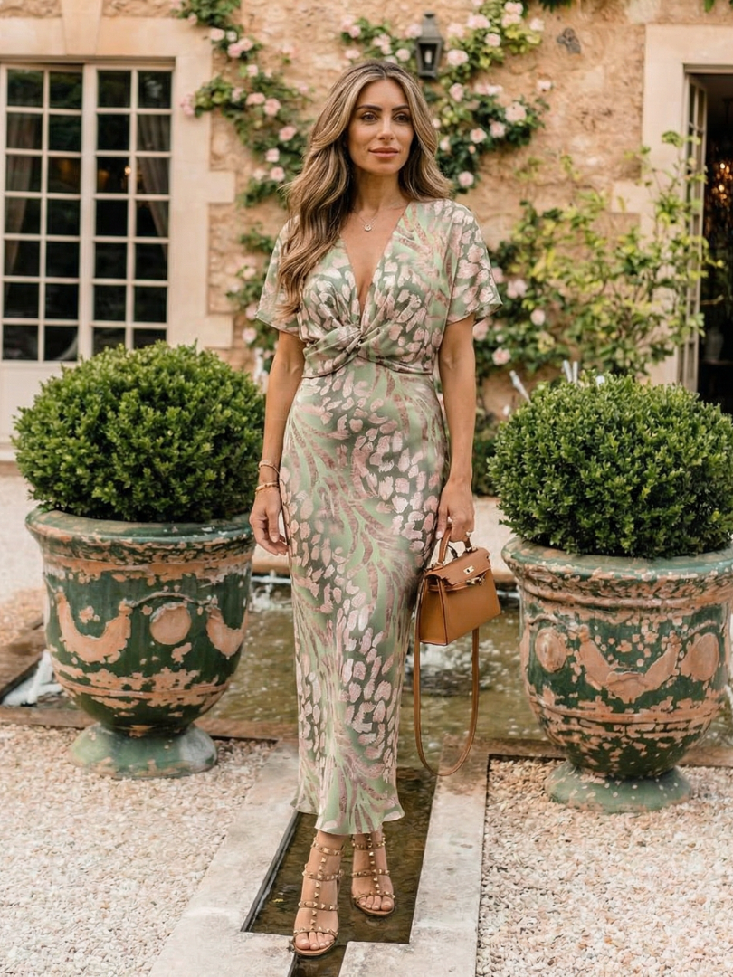 Coralie | Abstract print v neck twist waist midi jurk