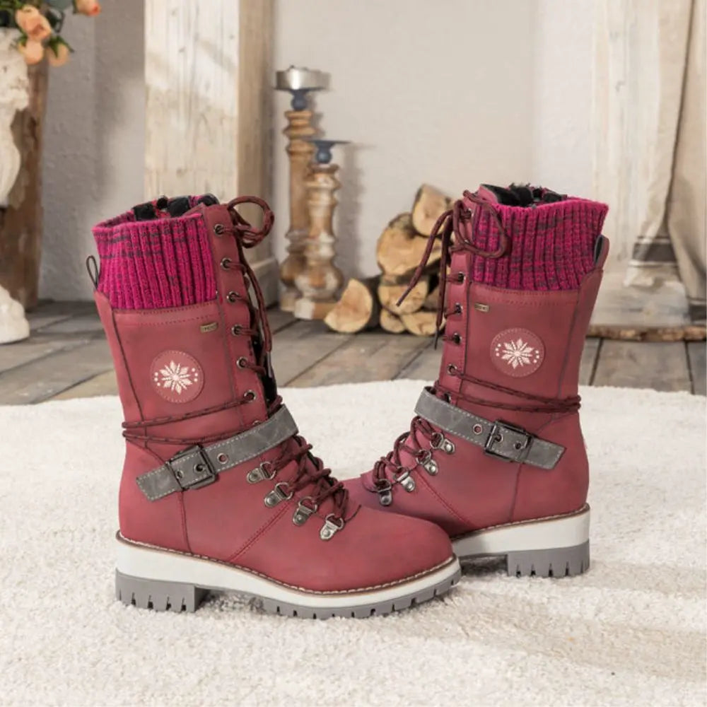 Dames winter lace-up snow laarzen – Knit Cuff & Buckle – Anti-Slip Sole