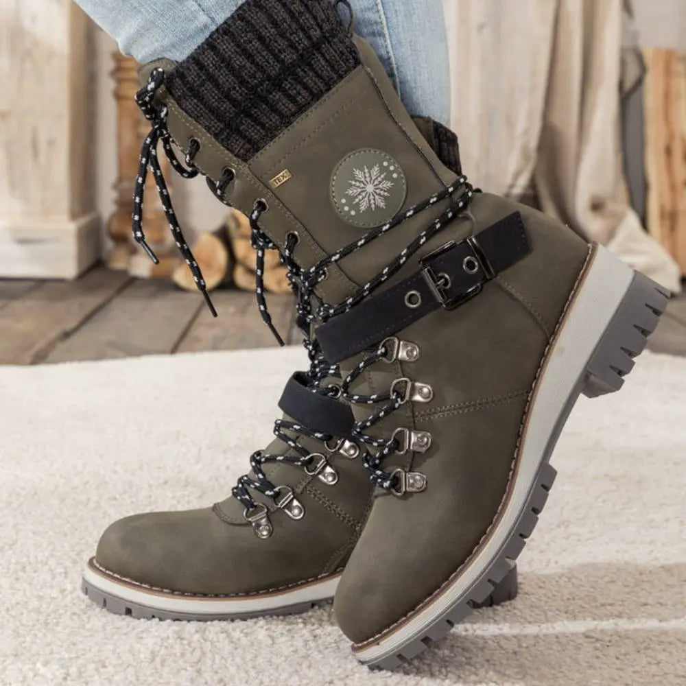 Dames winter lace-up snow laarzen – Knit Cuff & Buckle – Anti-Slip Sole