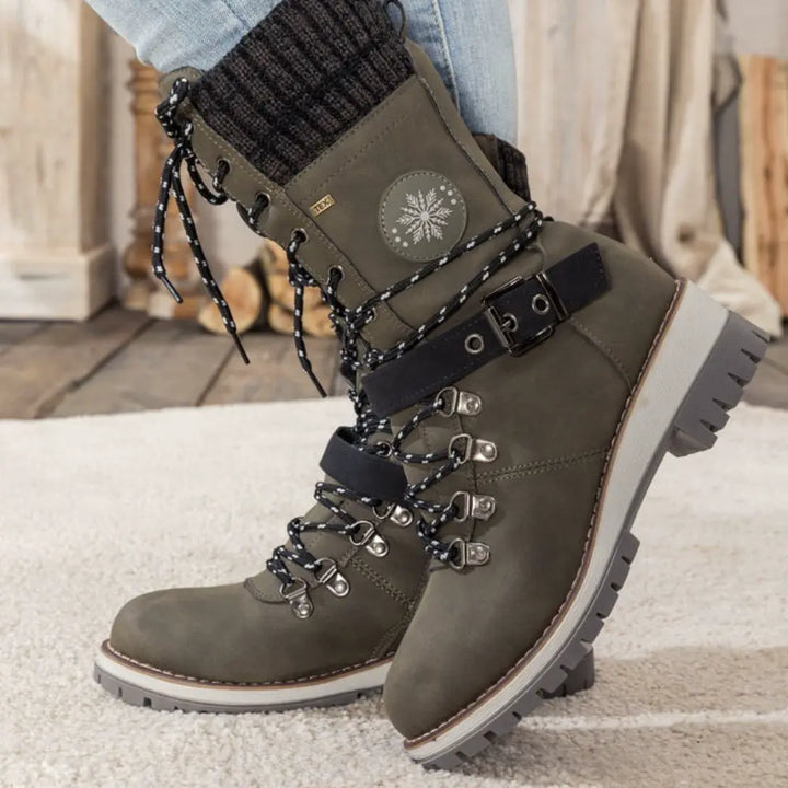 Dames winter lace-up snow laarzen – Knit Cuff & Buckle – Anti-Slip Sole