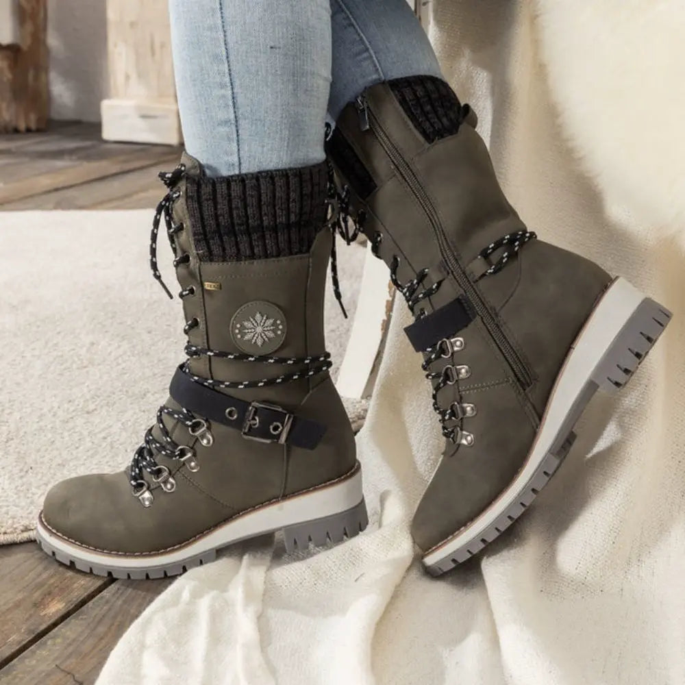 Dames winter lace-up snow laarzen – Knit Cuff & Buckle – Anti-Slip Sole