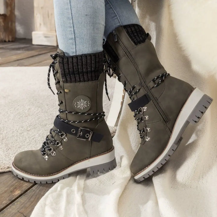 Dames winter lace-up snow laarzen – Knit Cuff & Buckle – Anti-Slip Sole