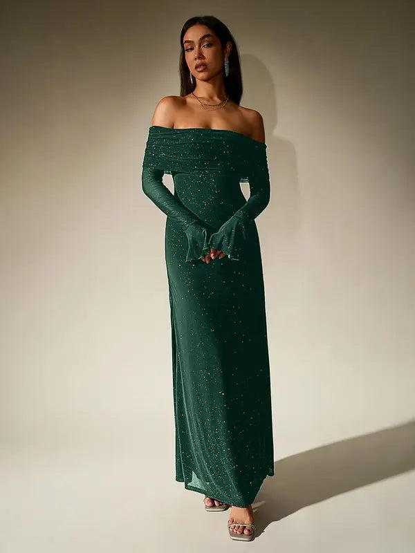 Andrea™ | Dames off-the-shoulder ruched contrast sequin bodycon jurk
