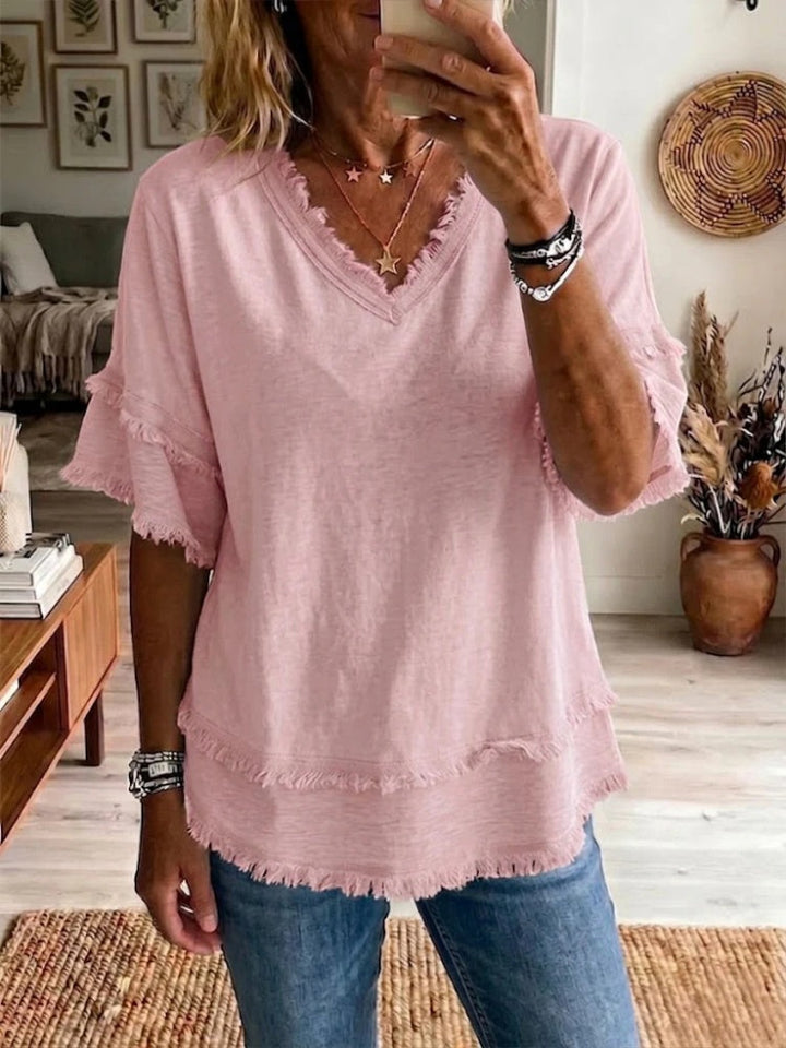Sara | Linnenmix top met V-hals en franjes