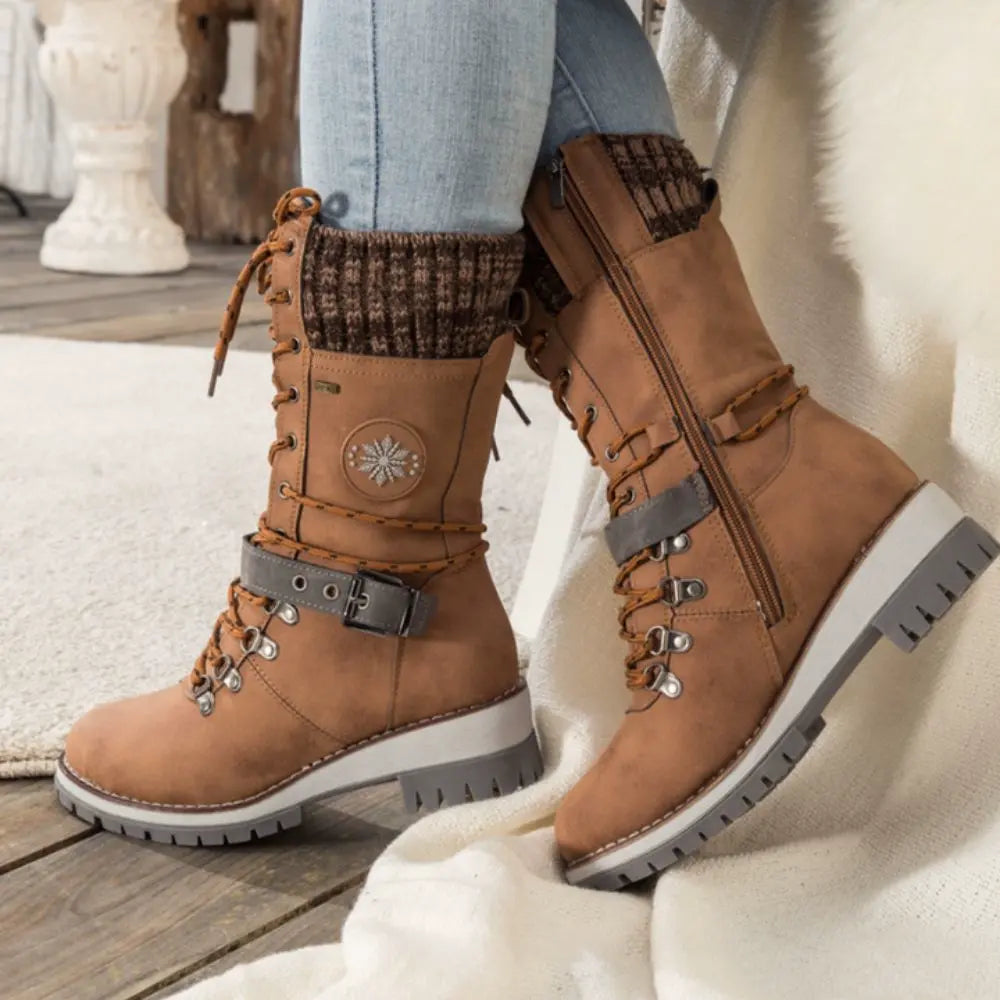 Dames winter lace-up snow laarzen – Knit Cuff & Buckle – Anti-Slip Sole
