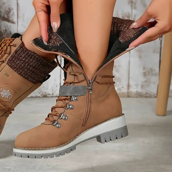 Dames winter lace-up snow laarzen – Knit Cuff & Buckle – Anti-Slip Sole