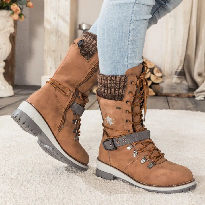 Dames winter lace-up snow laarzen – Knit Cuff & Buckle – Anti-Slip Sole