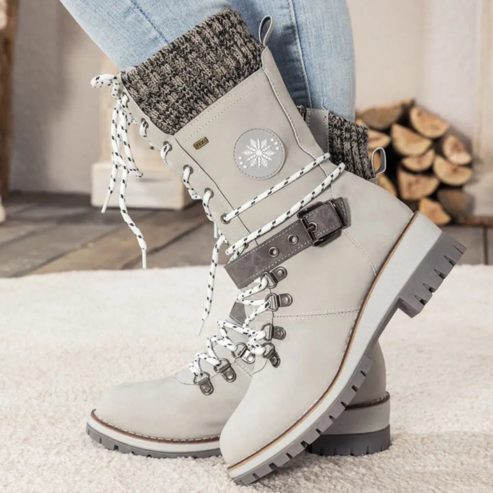 Dames winter lace-up snow laarzen – Knit Cuff & Buckle – Anti-Slip Sole