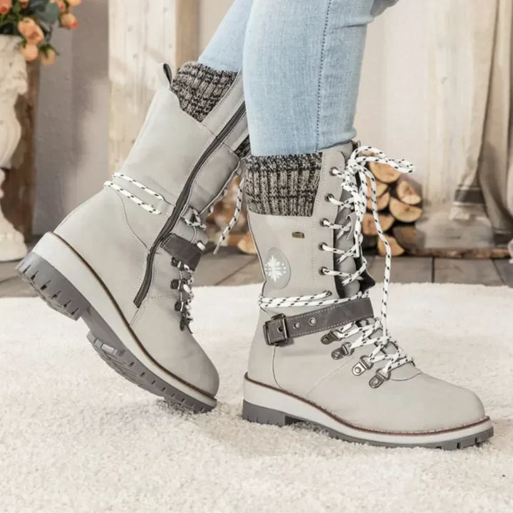 Dames winter lace-up snow laarzen – Knit Cuff & Buckle – Anti-Slip Sole