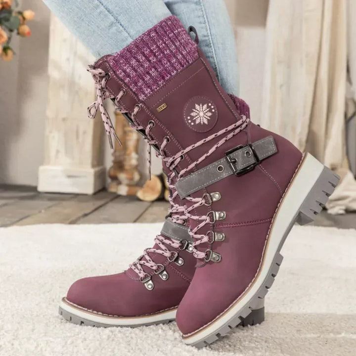 Dames winter lace-up snow laarzen – Knit Cuff & Buckle – Anti-Slip Sole