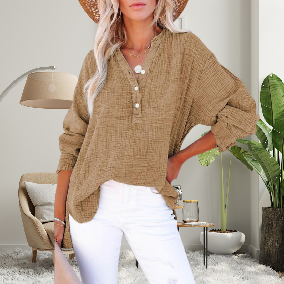 Brylin™ | Casual button V-hals lange mouwen oversized blouse