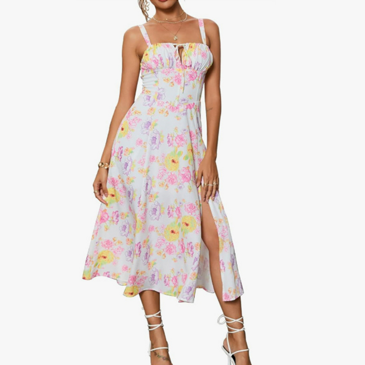 Ariellou™ | Elegante lace-up square neck midi jurk
