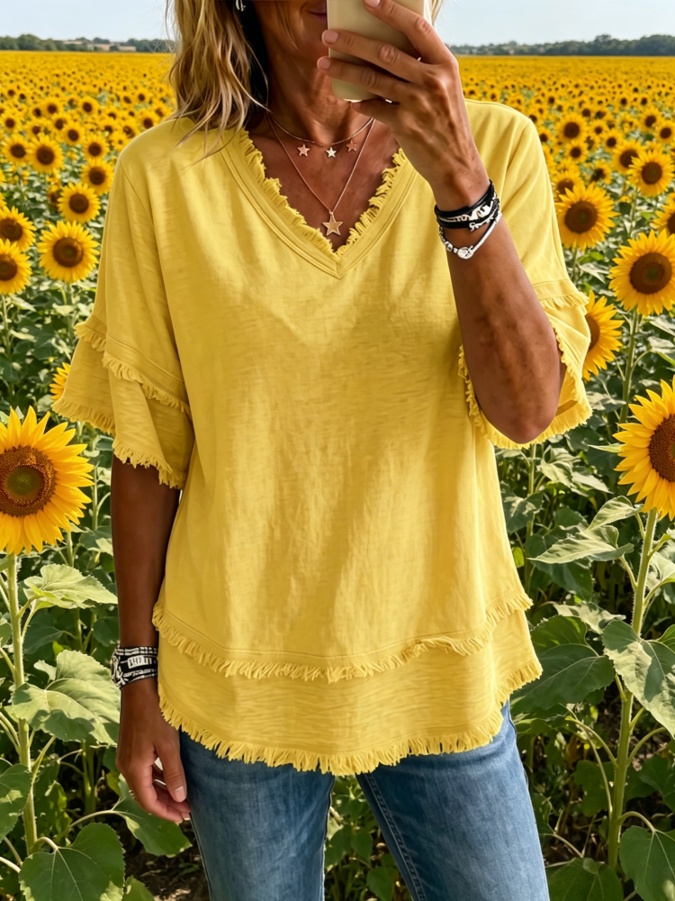 Sara | Linnenmix top met V-hals en franjes