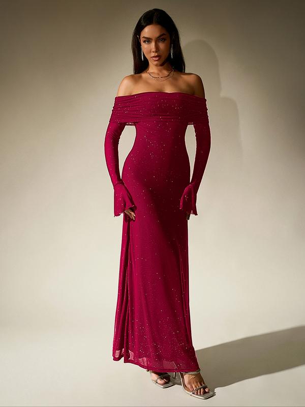 Darcie™ | Off shoulder ruched sequin bodycon avondjurk