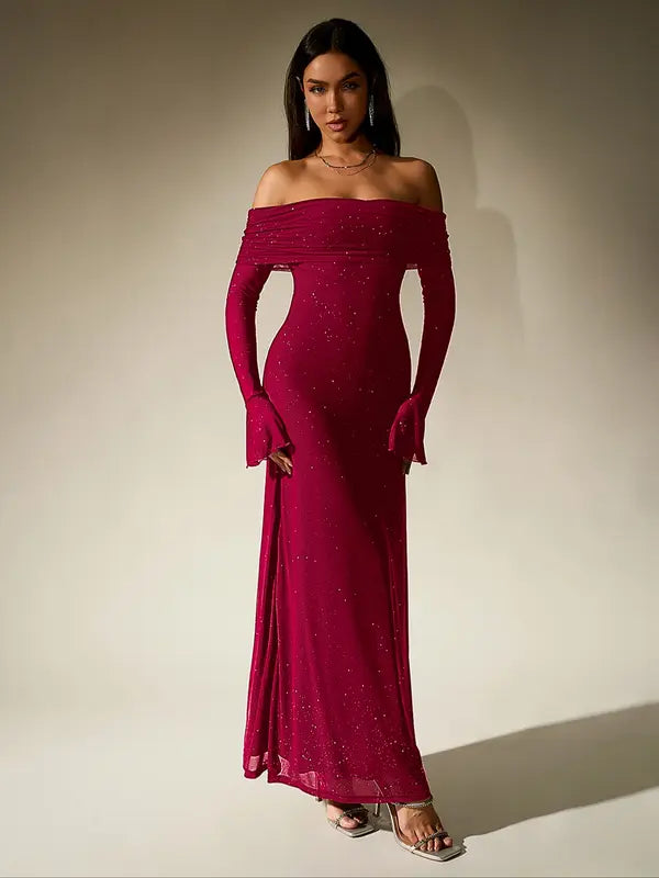 Andrea™ | Dames off-the-shoulder ruched contrast sequin bodycon jurk