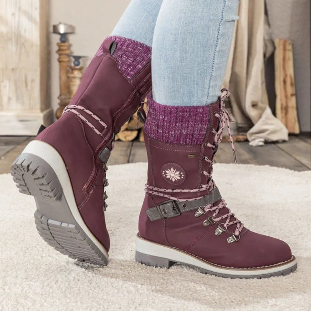 Dames winter lace-up snow laarzen – Knit Cuff & Buckle – Anti-Slip Sole
