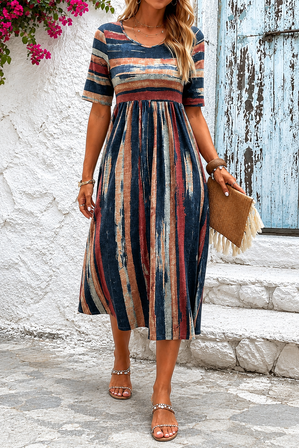 Marloes | Gestreepte buikcamouflerende midi jurk