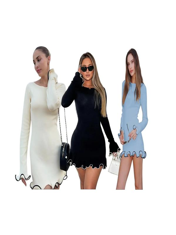 Sarah™ | Elegante colorblock wave hem a-line lange mouwen jurk