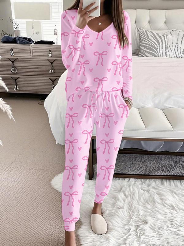 Hallie™ | Bow print V-hals lange mouwen top & tie waist broek set