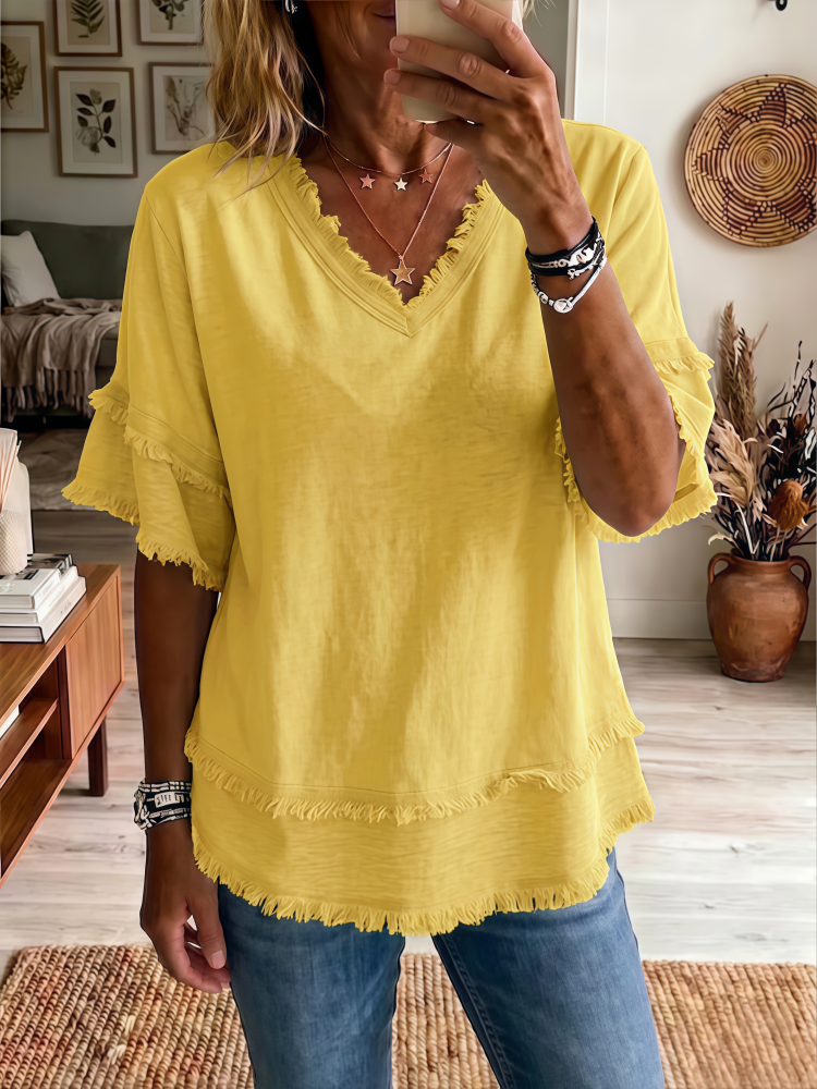Sara | Linnenmix top met V-hals en franjes