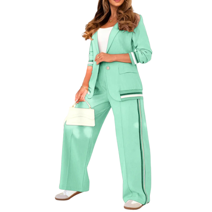 Suzette™ | Elegante patchwork lapel neck top and elastic waist trouser set