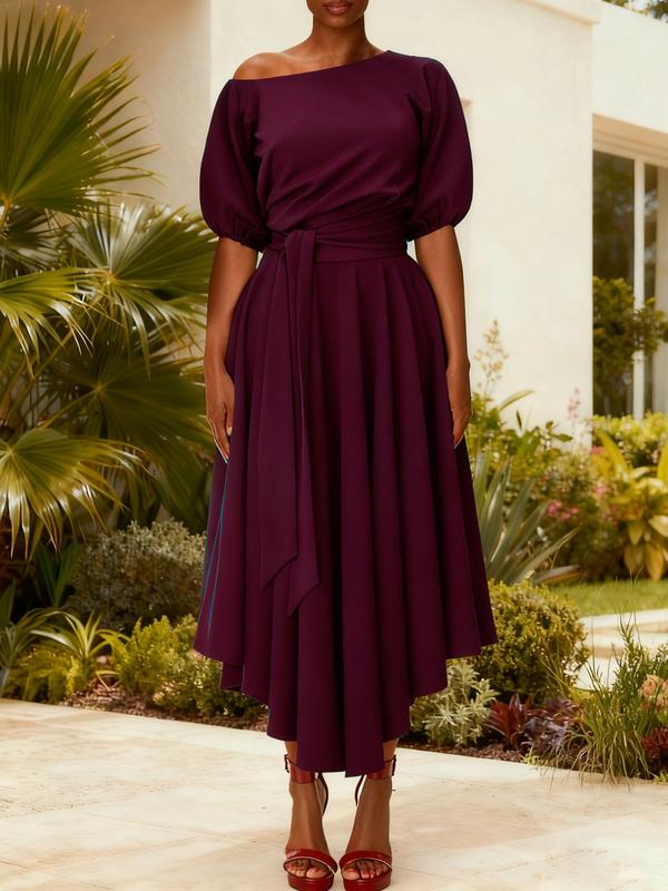 Zeby™ | Elegante dames belted bishop sleeve boat neck a-line jurk