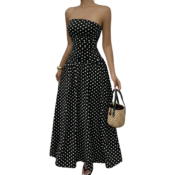 Odette™ | Polka dot strapless maxi jurk