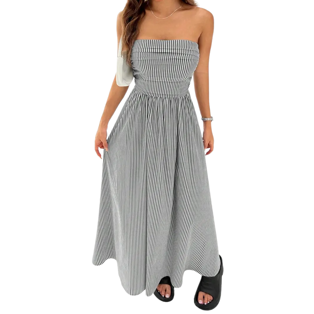 Zelda™ | Gestreepte strapless pocket maxi jurk