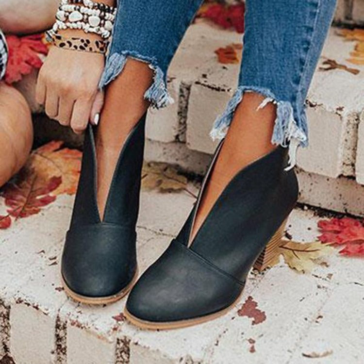 Dames enkellaarsjes - Almond Toe - Chunky Stacked Heel - Slip-On Casual Wear
