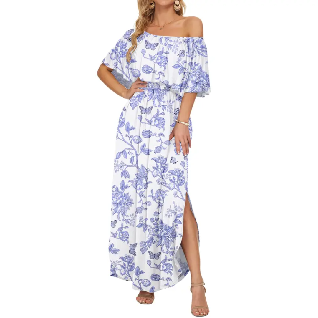 Florentine™ | Bloemen off-shoulder ruffle maxi jurk