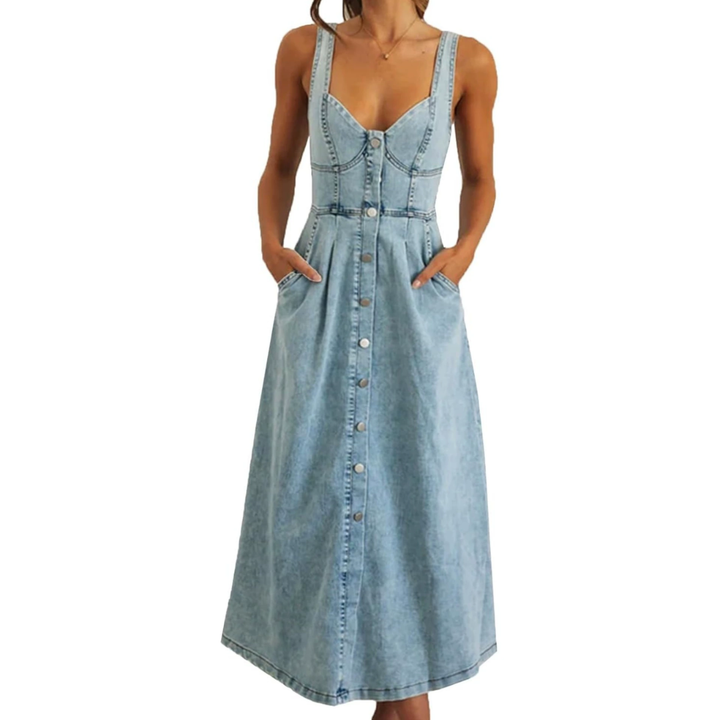 Decker™ | Distressed denim button-down midi jurk