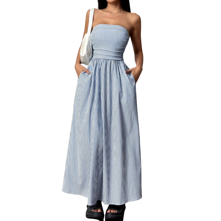 Zelda™ | Gestreepte strapless pocket maxi jurk