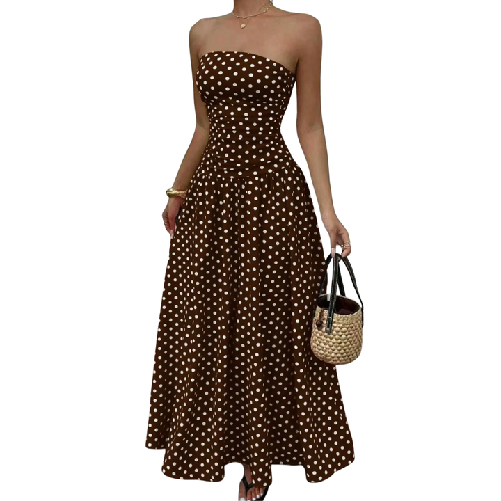 Odette™ | Polka dot strapless maxi jurk