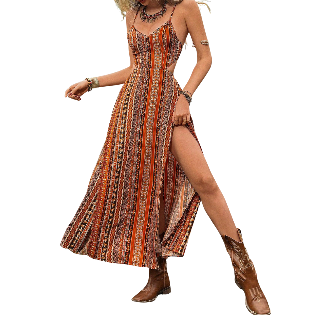 Delara™ | Boho print backless slit jurk