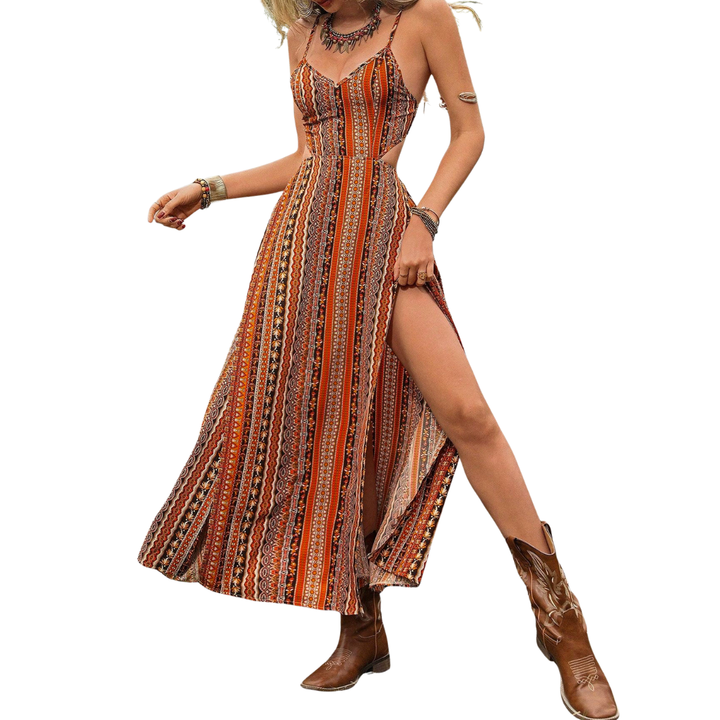 Delara™ | Boho print backless slit jurk