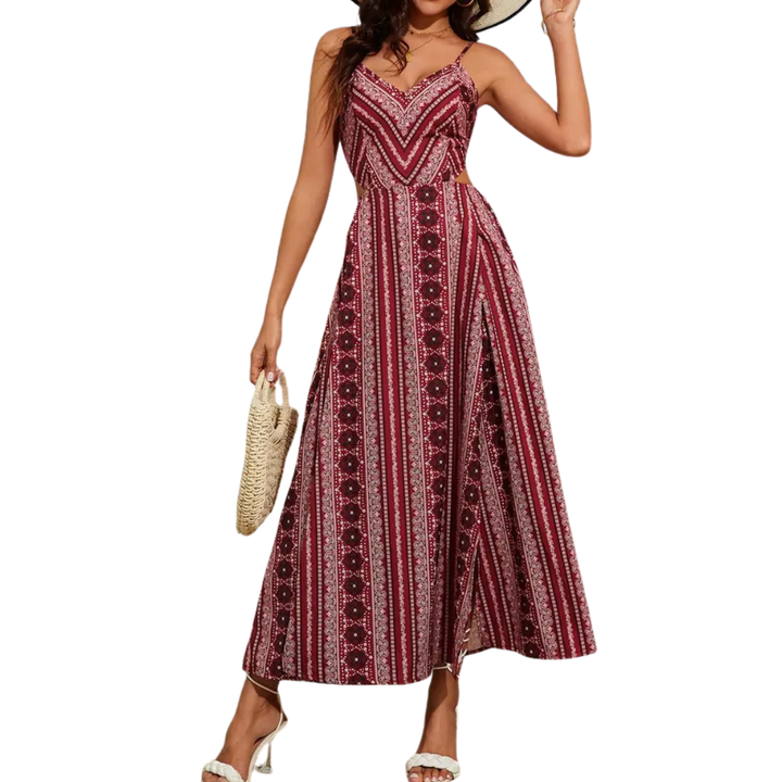 Delara™ | Boho print backless slit jurk
