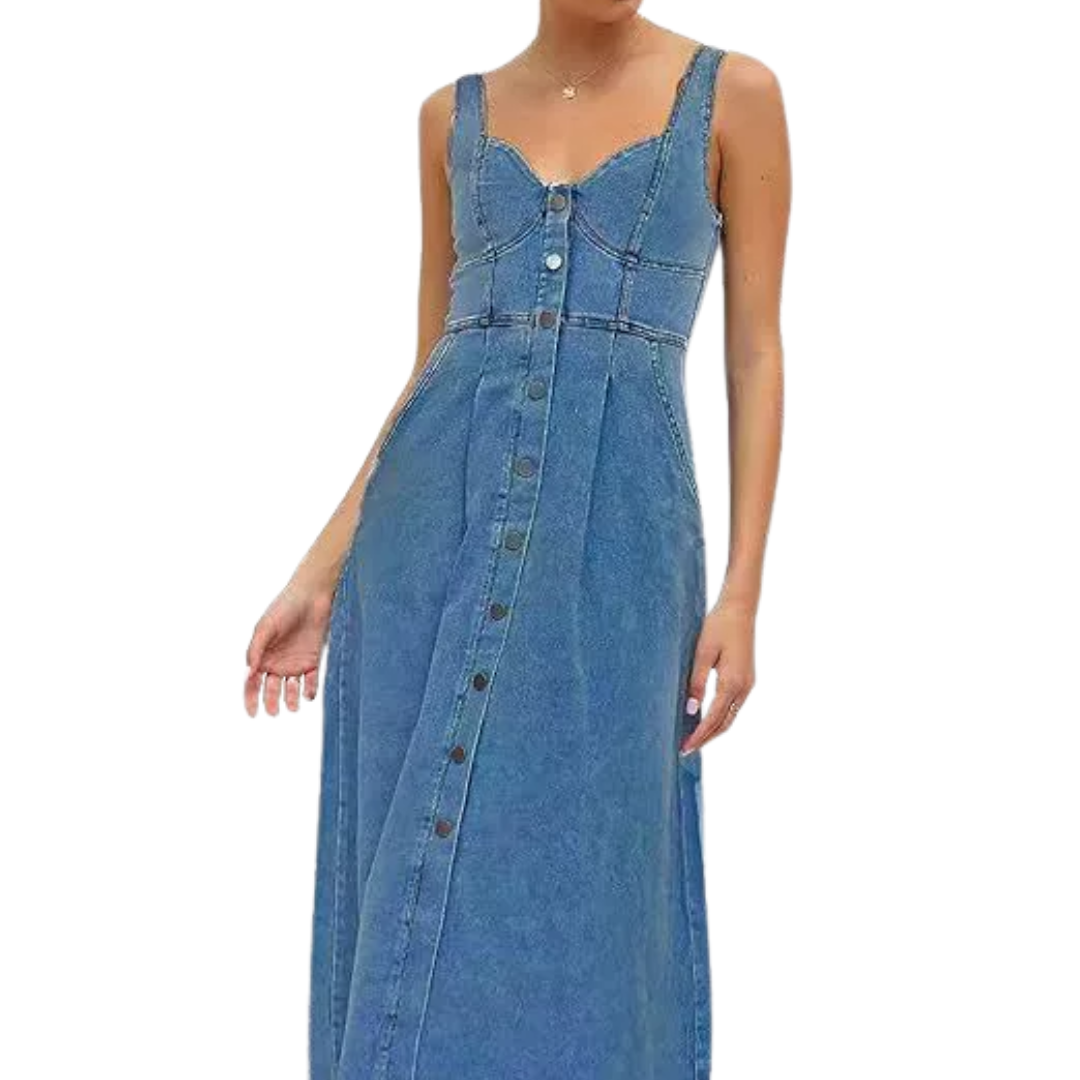 Decker™ | Distressed denim button-down midi jurk