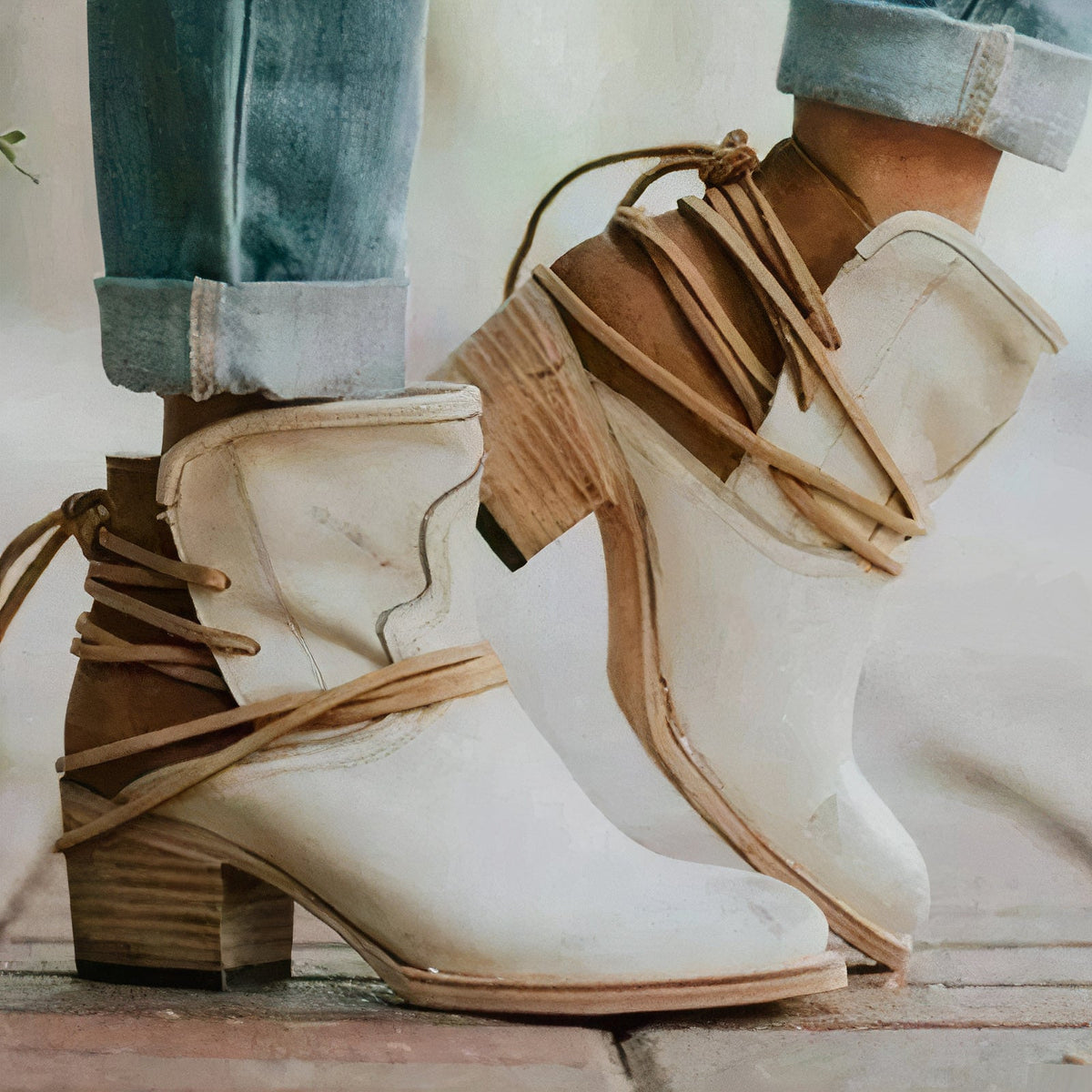 Dames enkellaarsjes – Leather – Western Style – Block Heel – Wrapped Lacing Detail
