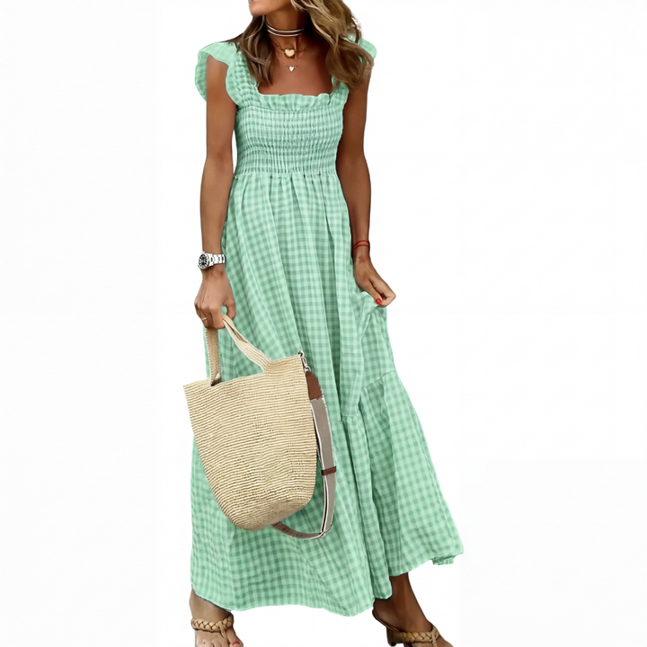 Corinna™ | Patchwork plaid flared midi jurk