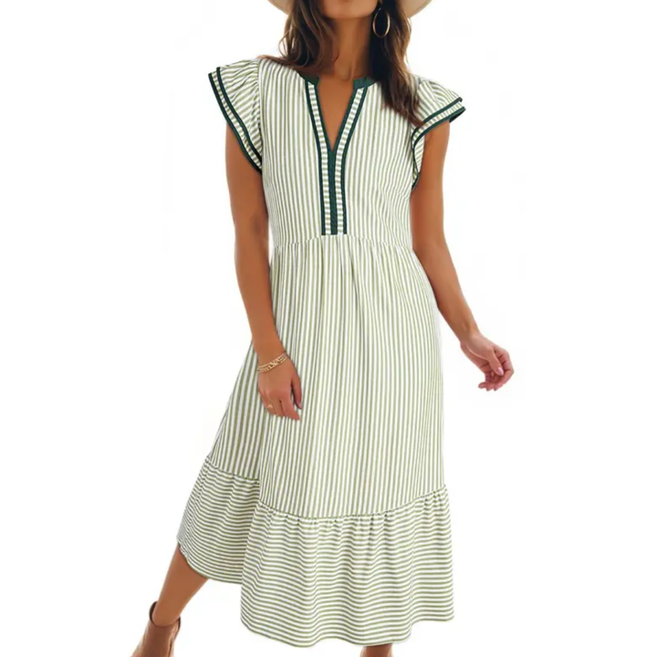 Blythe™ | Gestreepte ruffle cap sleeve midi jurk