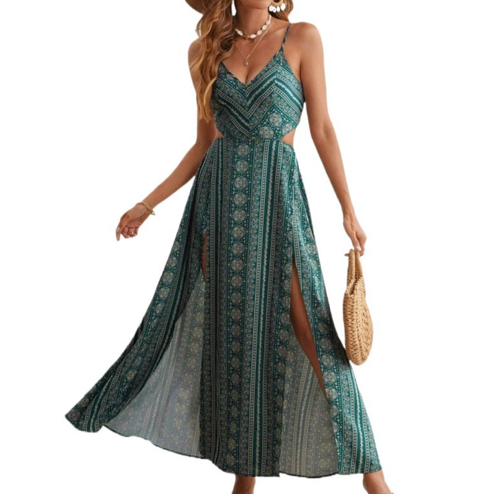 Delara™ | Boho print backless slit jurk