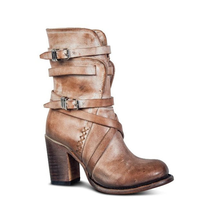 Dames leather enkellaarsjes - Slouchy Distressed Design - Buckle Straps - Block Heel