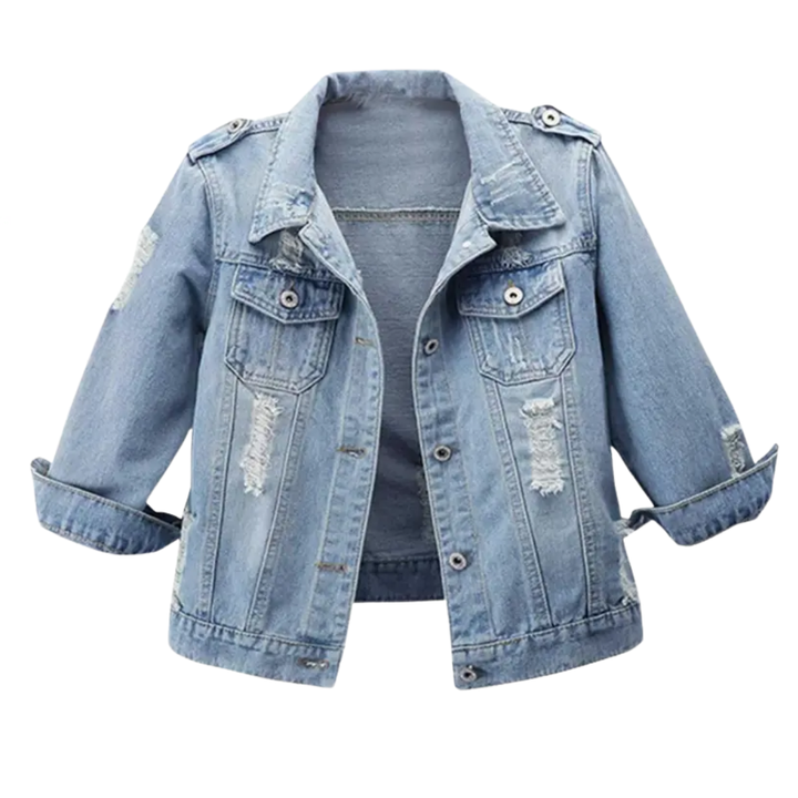 Frankie™ | Distressed cropped washed denim jas