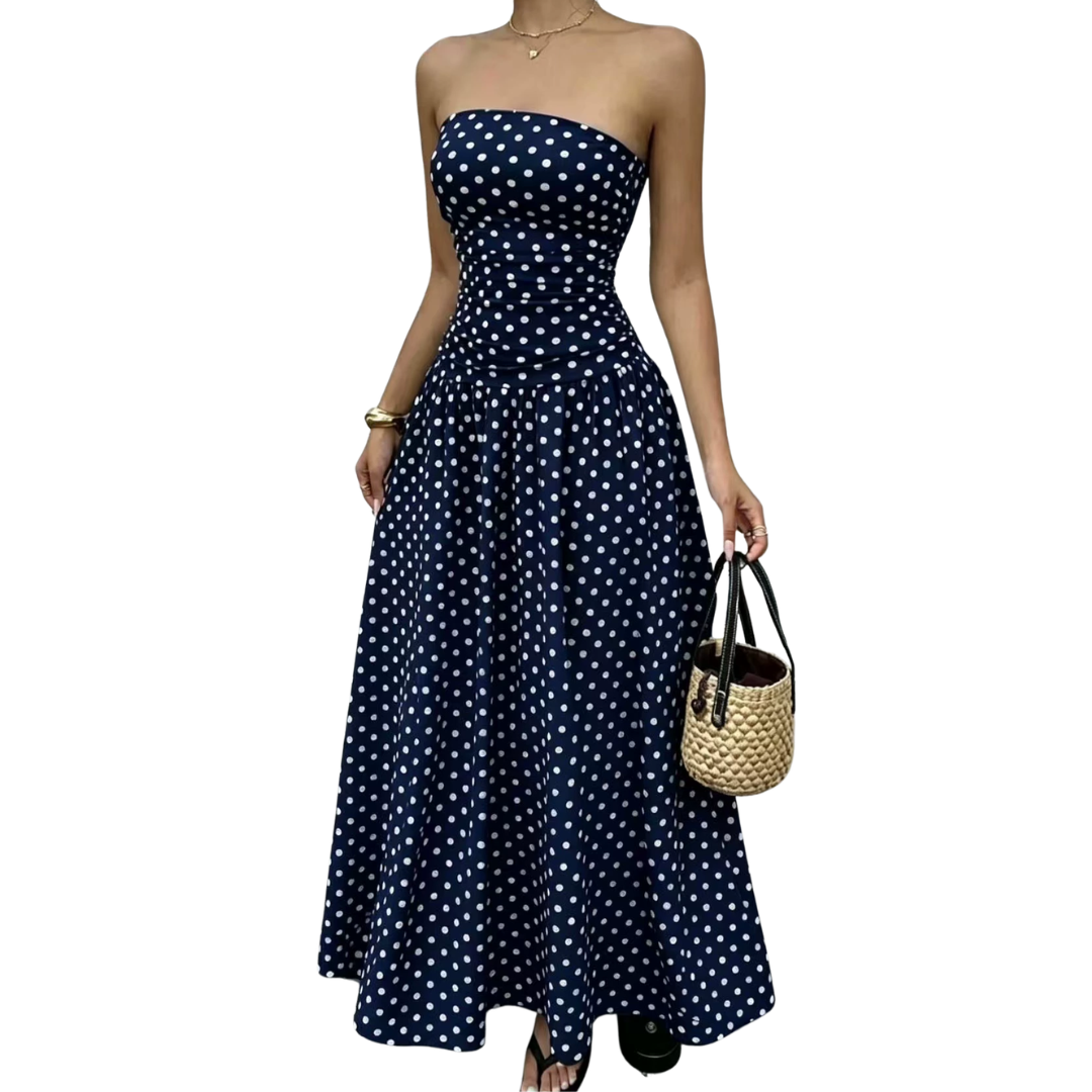 Odette™ | Polka dot strapless maxi jurk
